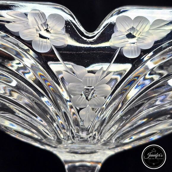 Vintage Hand Cut Frosted Etched Floral Crystal Square Pedestal Compote Dish - Picture 5 of 16